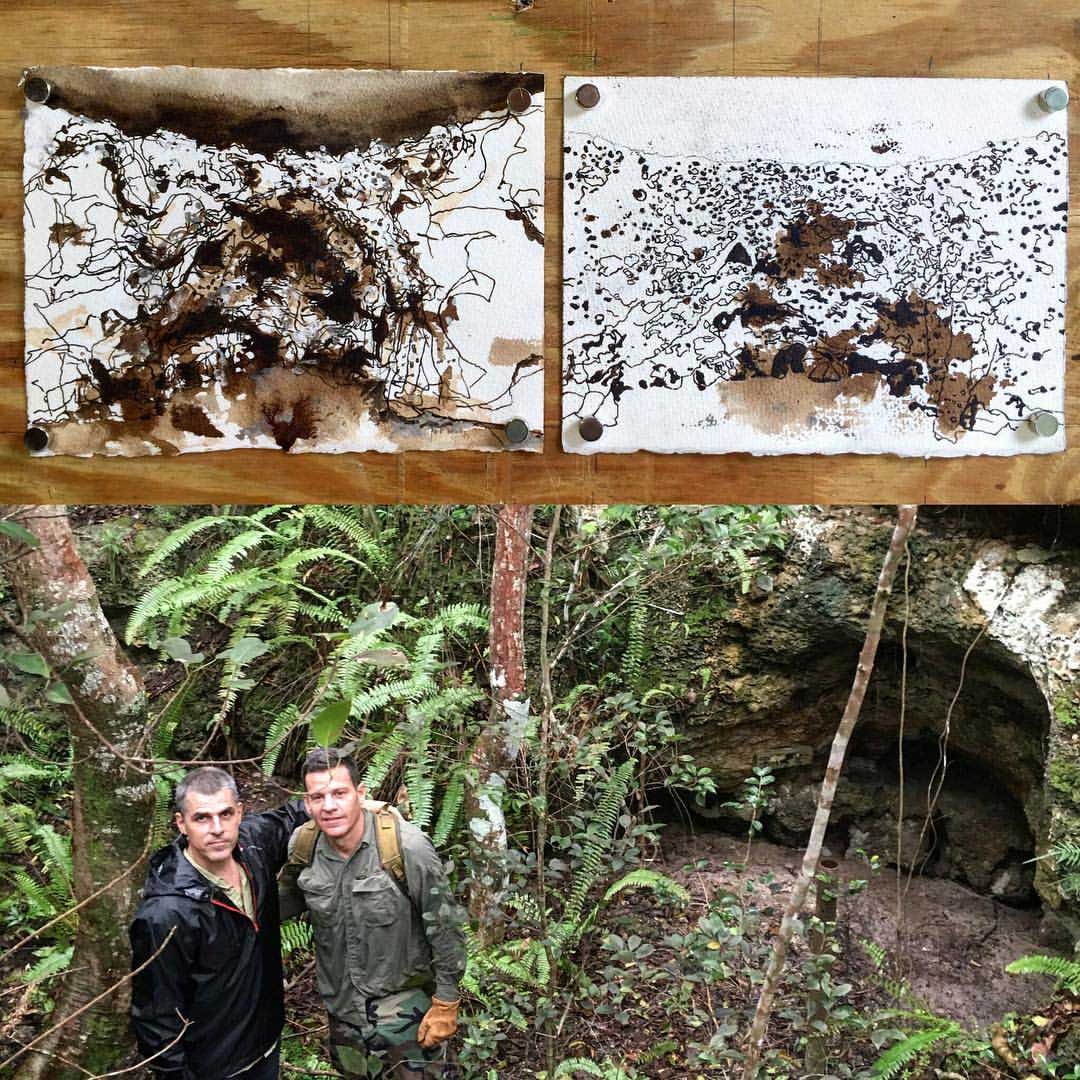 Artist in Residence John Bailly and County archaeologist Jeff Ransom visit the Cutler Fossil Site, inspiring Bailly's artistic sketches (above)