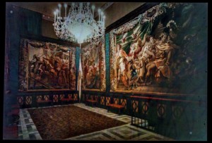 Color plate Auto-chrome slide of the interior of Maricel with Charles Deering's tapestry collection