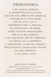 Dedication written to Charles Deering for his philanthropy in Catalonia, Spain by the archivist for the province of Catalonia ca. 1910s