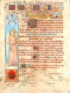 Hand-lettered proclamation thanking Charles Deering for his philanthropy to the town of Sitges in 1919