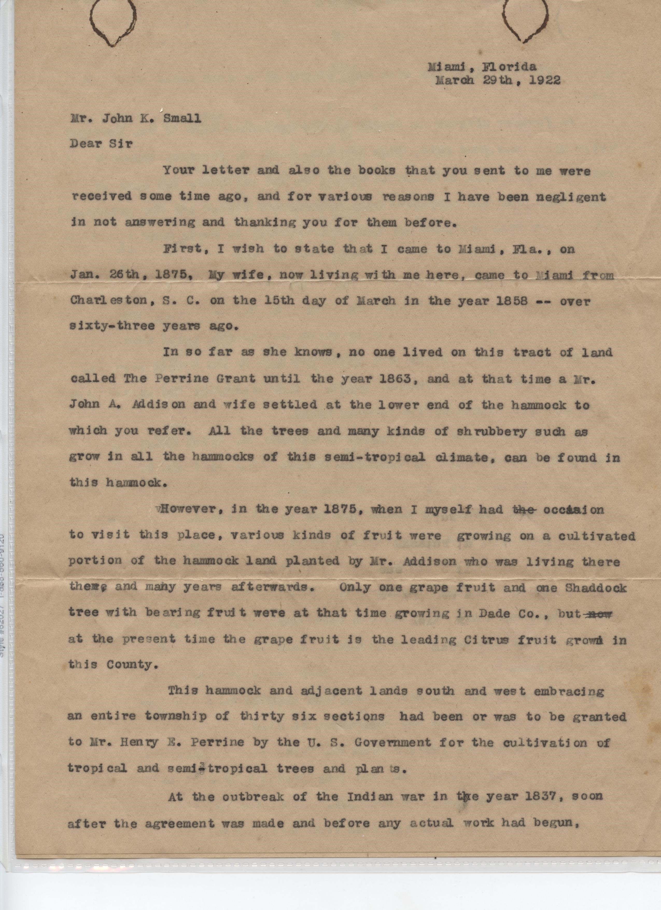 Letter written to John Kunkel Small by former Cutler resident A. C. Richards in 1922