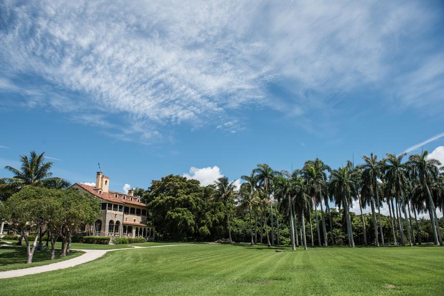 Deering Estate's main lawn on a clear, sunny day