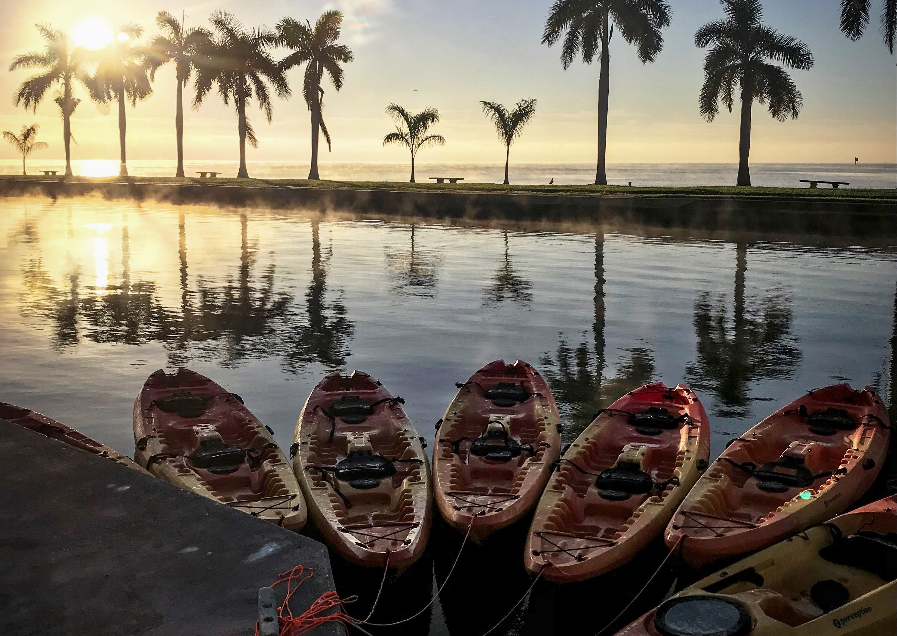 Group of kayaks tied together to the boat basin with the sun setting on the bay