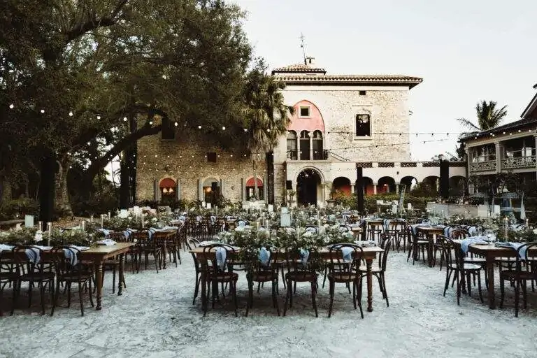 The courtyard decorated for wedding reception guests.
