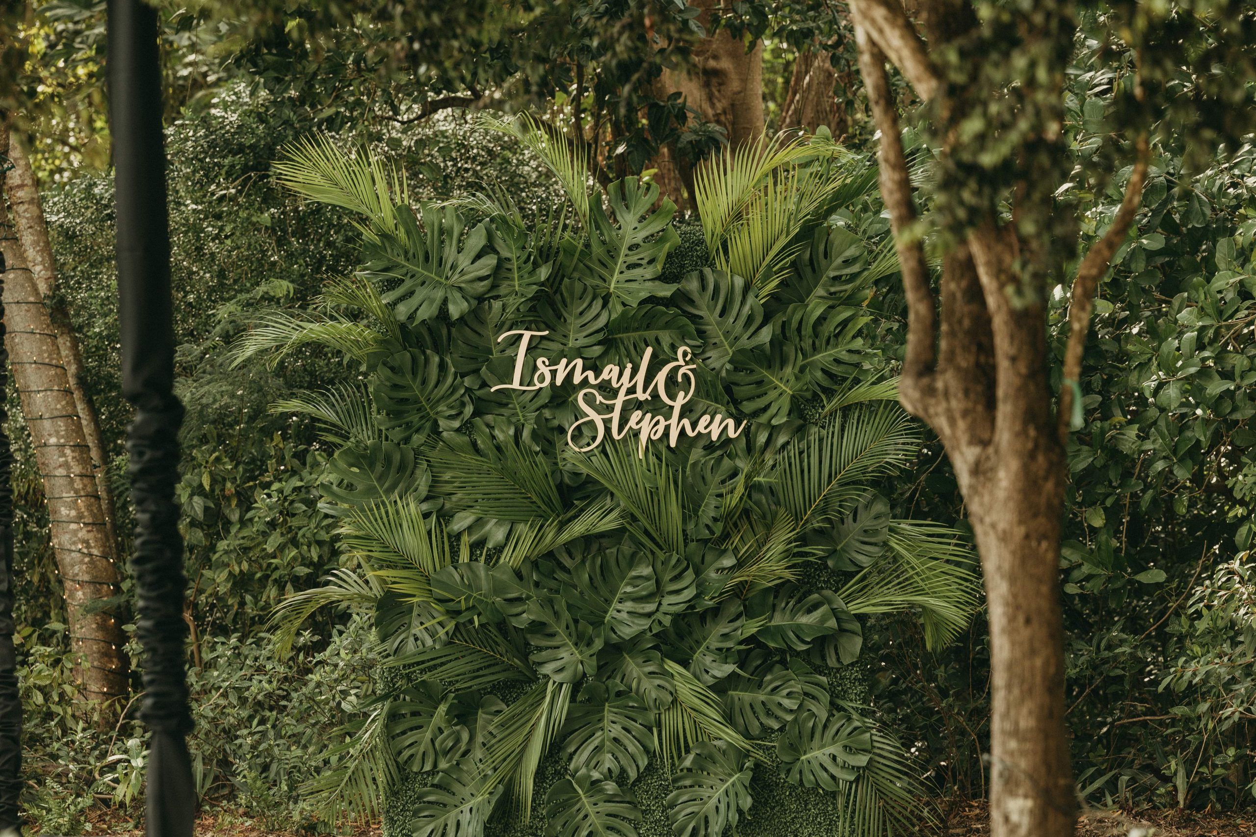 A green wall backdrop for a photo booth featuring coastal plant cuttings and the name of both grooms in gold cursive lettering