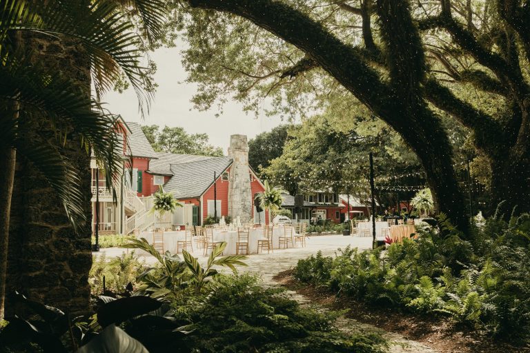 View of the Courtyard wedding reception from the East entrance. The Richmond Cottage is in the background and the Courtyard Oak is in the foreground.