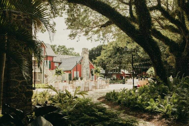 View of the Courtyard wedding reception from the East entrance. The Richmond Cottage is in the background and the Courtyard Oak is in the foreground.