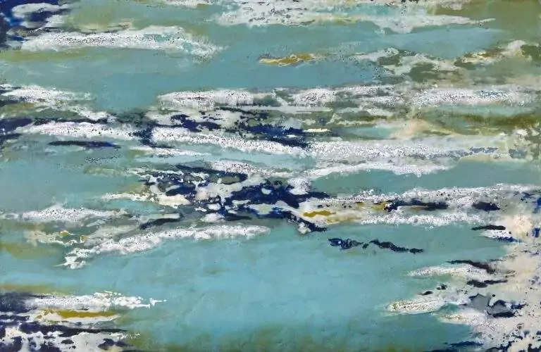 An abstract artwork featuring swirling, layered patterns in shades of turquoise, teal, white, brown, and earthy green. The surface has a textured, marbled appearance with flowing lines resembling water currents or geological strata. The composition is dense and organic, with intricate details and a sense of movement throughout.