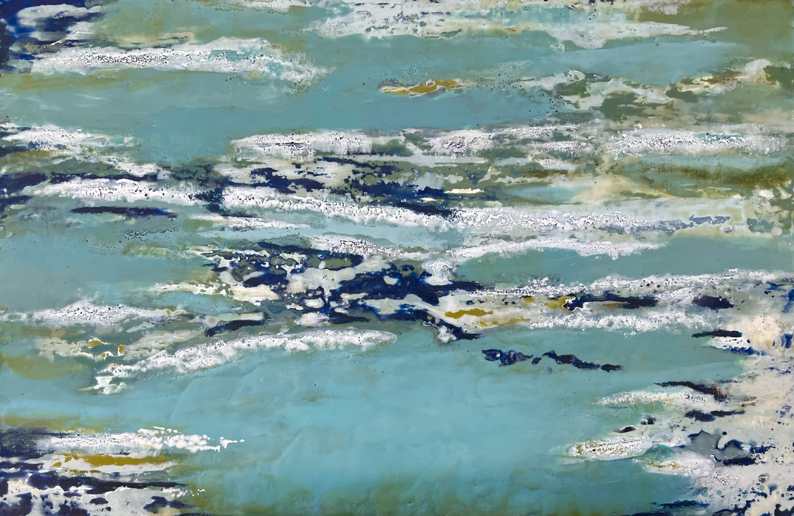 An abstract artwork featuring swirling, layered patterns in shades of turquoise, teal, white, brown, and earthy green. The surface has a textured, marbled appearance with flowing lines resembling water currents or geological strata. The composition is dense and organic, with intricate details and a sense of movement throughout.