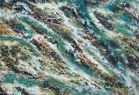An abstract artwork featuring swirling, layered patterns in shades of turquoise, teal, white, brown, and earthy green. The surface has a textured, marbled appearance with flowing lines resembling water currents or geological strata. The composition is dense and organic, with intricate details and a sense of movement throughout.