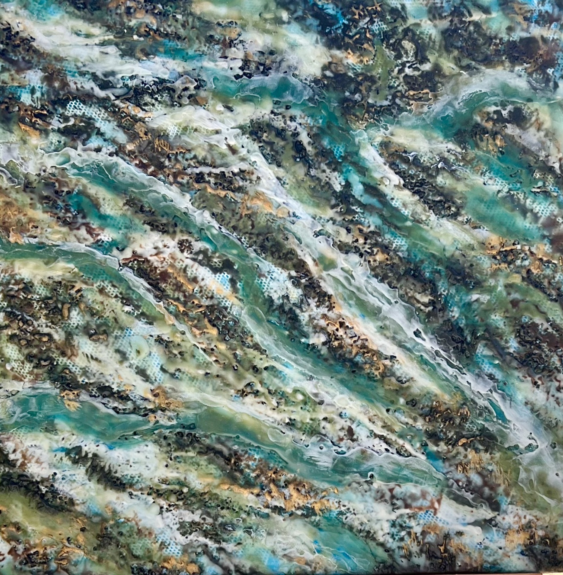 An abstract artwork featuring swirling, layered patterns in shades of turquoise, teal, white, brown, and earthy green. The surface has a textured, marbled appearance with flowing lines resembling water currents or geological strata. The composition is dense and organic, with intricate details and a sense of movement throughout.