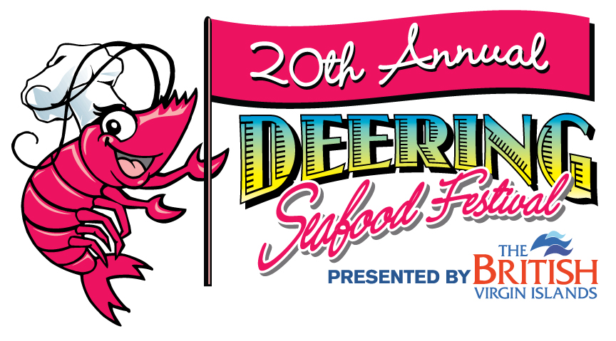 A cartoon shrimp holding a banner that reads "20th Annual" over the logo for the Deering Seafood Festival and the logo for The British Virgin Islands.