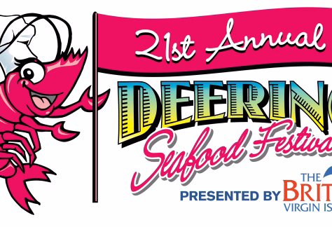 Illustration of a smiling, bright pink shrimp wearing a chef’s hat and holding a flag that reads “21st Annual Deering Seafood Festival.” Below the main title, text says “Presented by The British Virgin Islands,” accompanied by the British Virgin Islands logo featuring stylized blue waves.