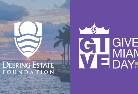Split-image graphic featuring a waterfront scene on the left with the Deering Estate Foundation logo in white placed over the sky and water. On the right, a solid purple background displays the Give Miami Day 2026 logo, including a crown with the number 15 above stylized text reading “GIVE MIAMI DAY 11.19.26,” with three small colored squares in green, blue, and purple.