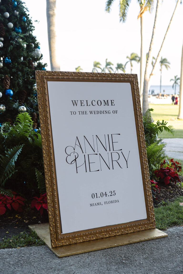 A welcome wedding sign for Annie & Henry at Deering Estate in Miami, Florida.