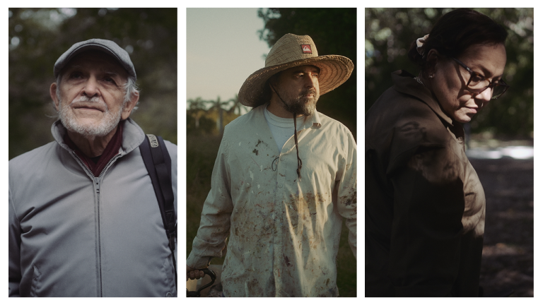 Three images split to show a man in a grey zip-up jacket and grey hat, with grey hair and a close-shaven gray beard, another man in a large-brimmed straw hat and button-up cover shirt with paint on it and a goatee, and a woman with black hair, brown glasses, and brown jacket. These are previous and current Artists-in-Residence of Deering Estate.