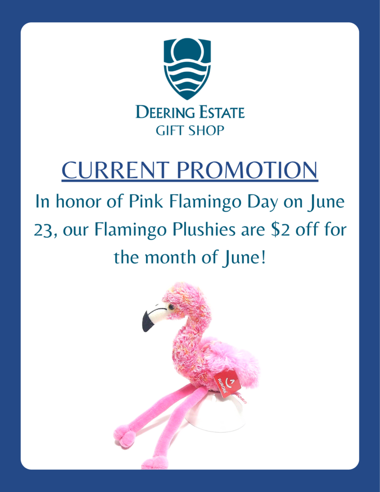 Promotional flyer for $2 off flamingo plushies at the Deering Estate gift shop for the month of June.