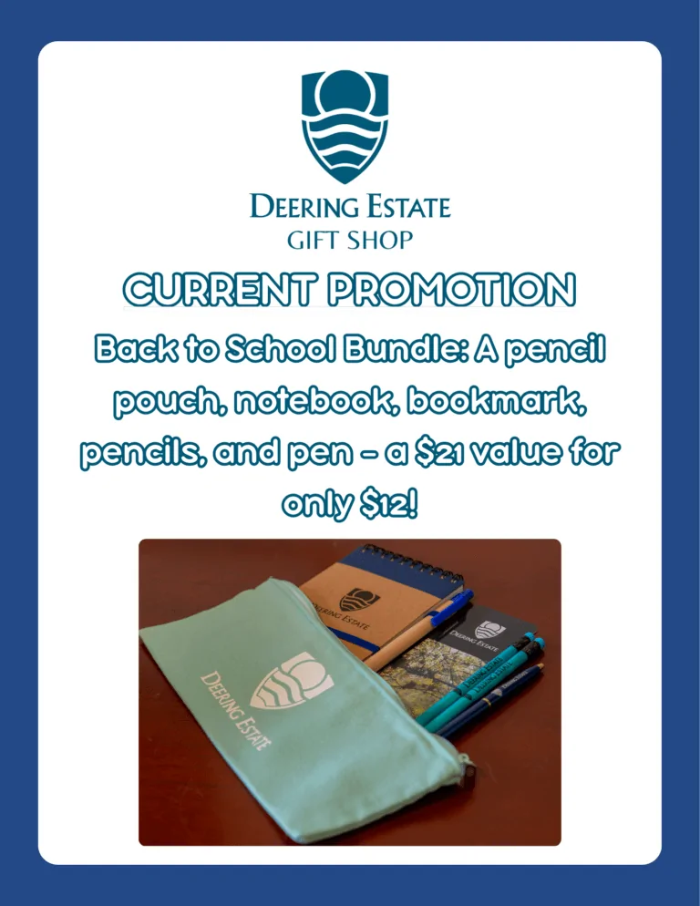 Promotional flyer that features a Back to School bundle for $12 that includes Deering-branded items. The items are a pencil pouch, notebook, bookmark, pen, and two pencils.