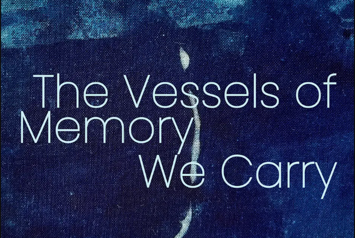 Blue textured background with a vertical white organic line through the center, overlaid with the title text ‘The Vessels of Memory We Carry’ in large, light-colored letters.
