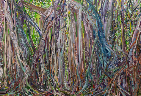 A vibrant painting of tree trunks, roots, and vines. The composition is packed with twisting, overlapping forms rendered in thick, expressive brushstrokes. The colors range from earthy browns and greens to purples, blues, and hints of orange, creating a lively, textured environment.