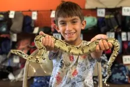 Small child holding a snake during a field trip at Deering Estate.