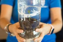 Small child holding a terrarium they had built using an empty two-liter soda bottle.